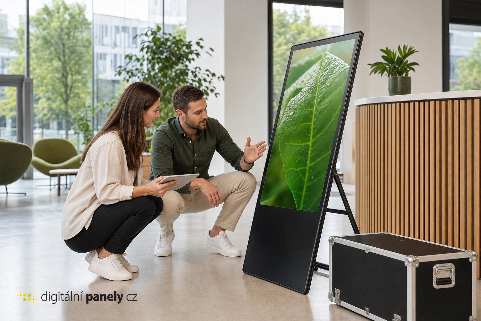 Odovzdanie celého prenajatého LCD Panelu Áčko 43″ vrátane konštrukcie, kde zástupcovia firmy spoločne kontrolujú zariadenie a odovzdávací dokument; logo Digitálne panely je čitateľné na pokojnej svetlej ploche.