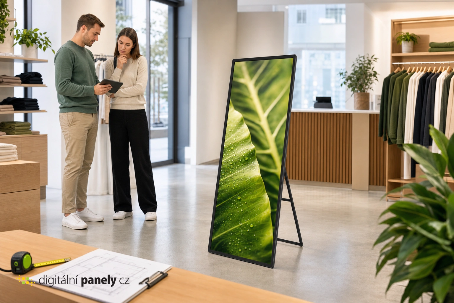 Full Store Panel s úzkym rámom a zadnou sklápacou oporou v predajni oblečenia pri príprave inštalácie.