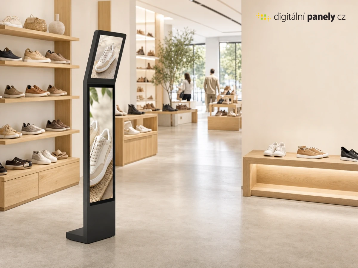 Retail Dual 15,6″ + 29″ s dvoma obrazovkami s odlišnými fotografiami obuvi v svetlej predajni.