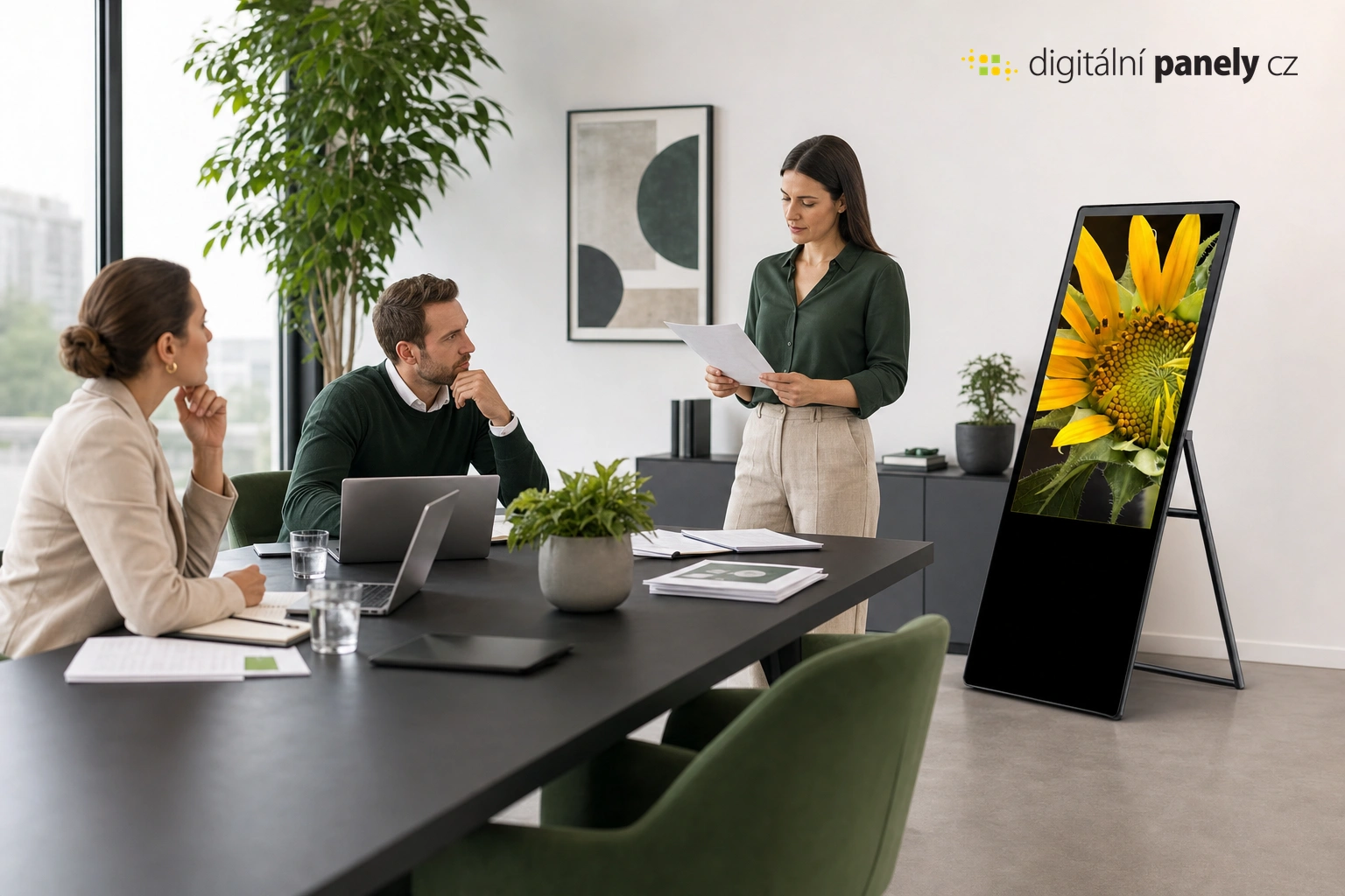 Celý LCD Panel Áčko 43″ vrátane konštrukcie a podstavy v modernej firemnej zasadacej miestnosti pri príprave podkladov k objednávke