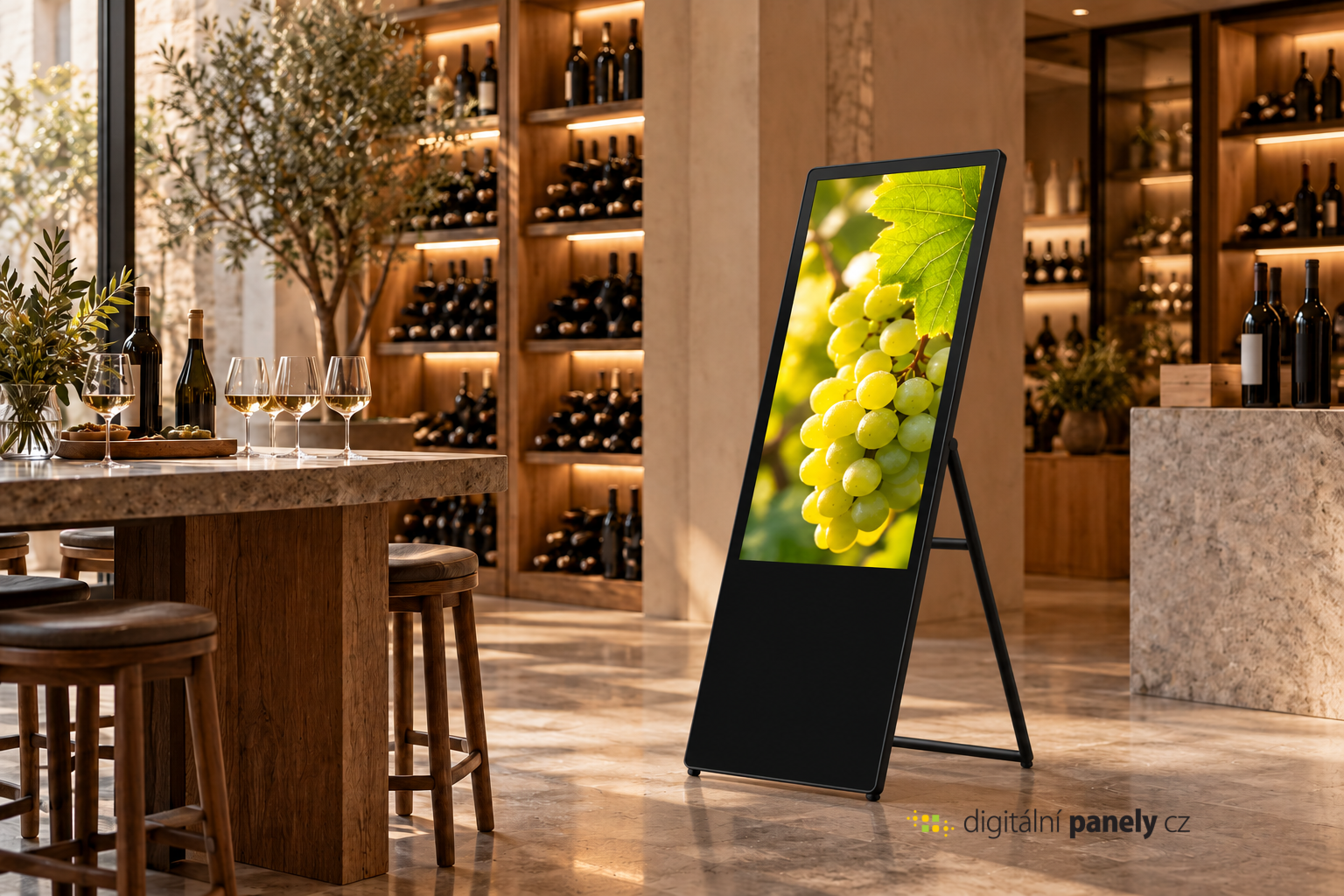 Ilustračné LCD digitálne áčko pri degustačnom priestore vinotéky s drevenými policami.