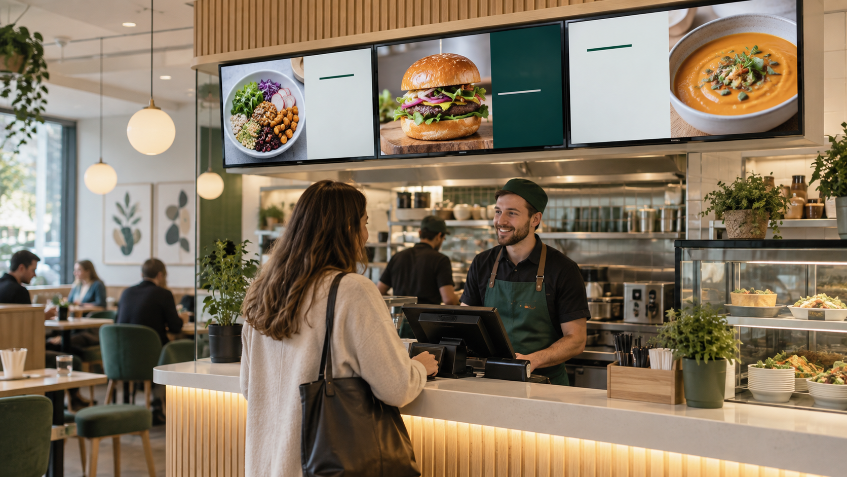 Digitální menu s fotografiemi jídel nad pultem restaurace.