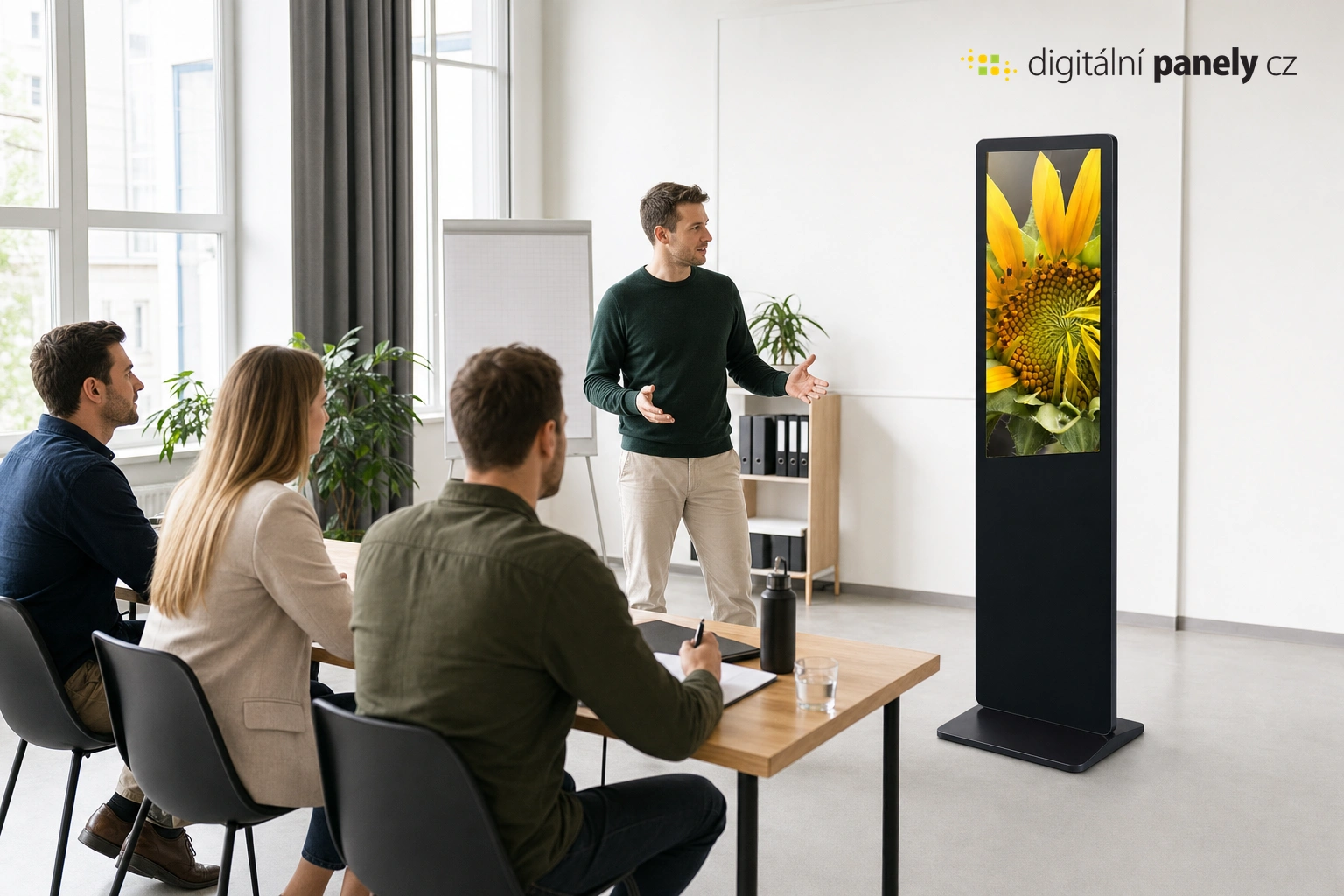 Tím pri zaškolení LEDWIEW v svetlej miestnosti s čiernym panelom Extra Touch 43 a fotografiou slnečnice na displeji.