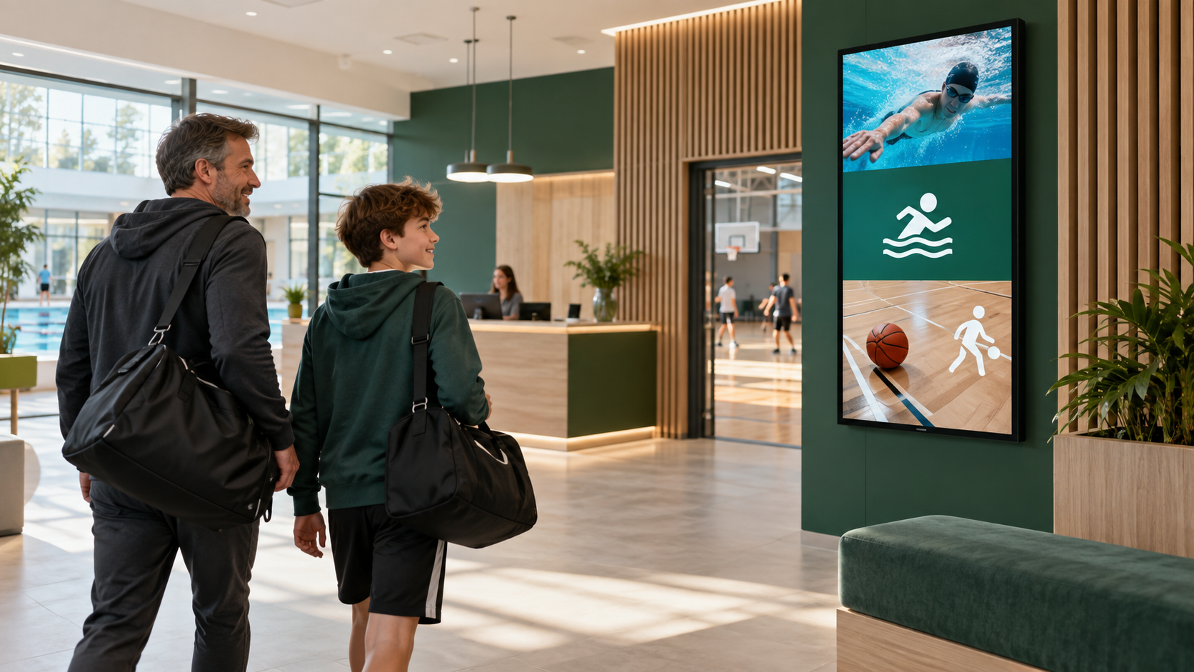 Otec se synem u informačního panelu ve sportovním centru.