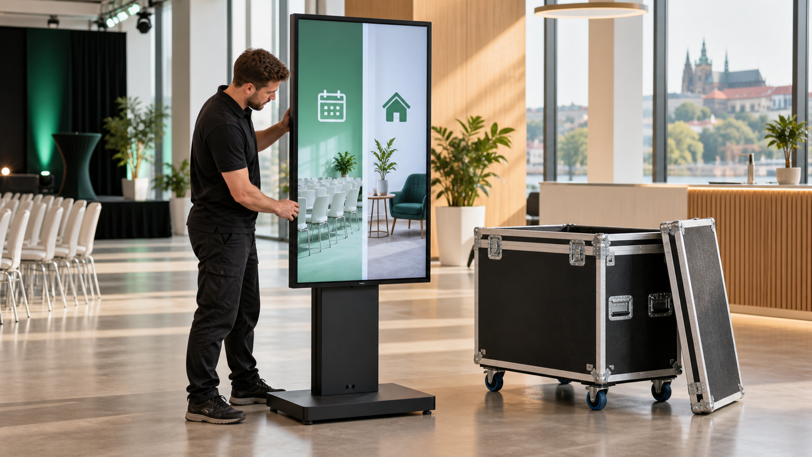 Technik připravuje digitální panel vedle přepravního kufru.
