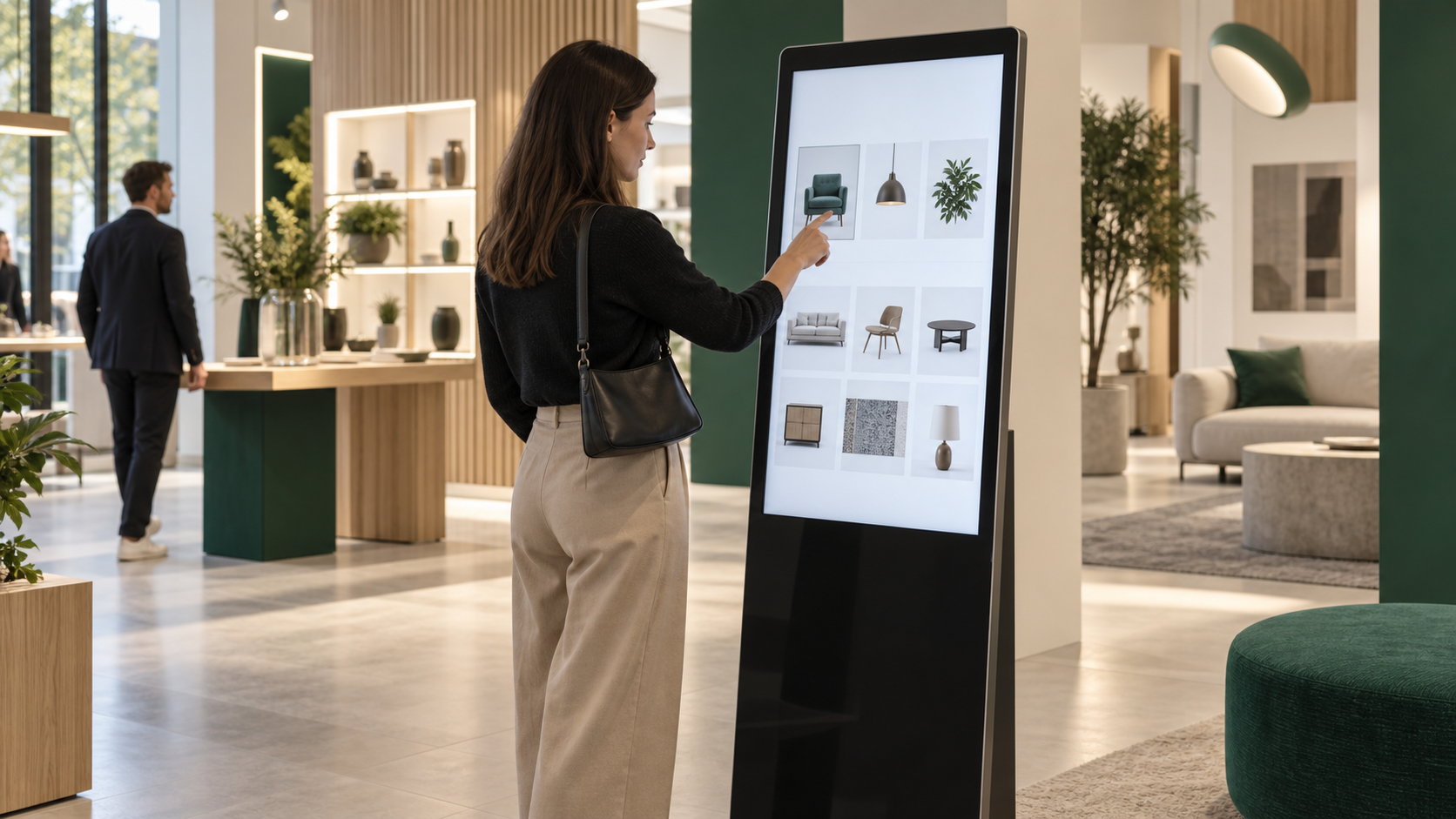 Návštěvnice vybírá produkty na dotykovém panelu v showroomu.