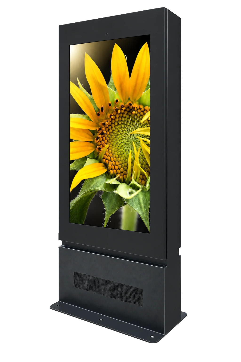 Totem Double Side 55″ – exteriér digitální panel se slunečnicí na displeji