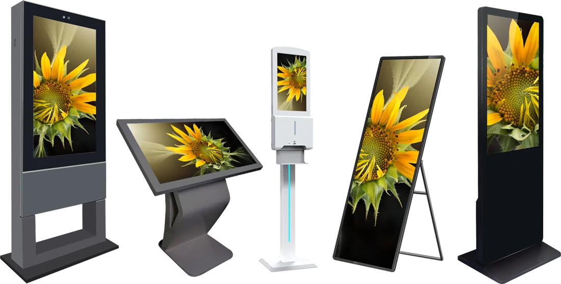Nabídka digitálních panelů: venkovní totem, navigační kiosk, iSanitizer, digitální áčko a Extra Touch